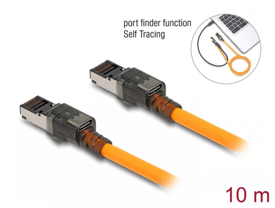 Imagine Cablu de retea RJ45 Cat.6A S/FTP T-T cu port finder Self Tracing USB-C 10m Orange, Delock 80418